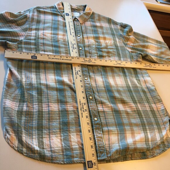 American Eagle Pearl Snap Flannel Shirt Womens Large Green Pink Plaid Western - Picture 5 of 9
